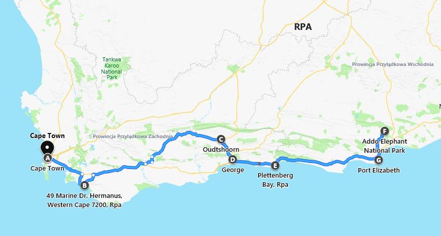 Mapa trasy wycieczki Trasą Ogrodów, z Kapsztadu do Port Elizabeth