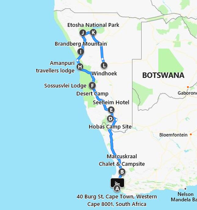 Mapa trasy wycieczki z Johannesburga do Wodospadu Wiktorii.